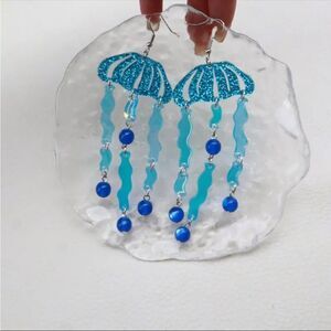 Large Jelly Fish Acrylic Earrings Sparkly Blue 4.5” Funky Funny Quirky